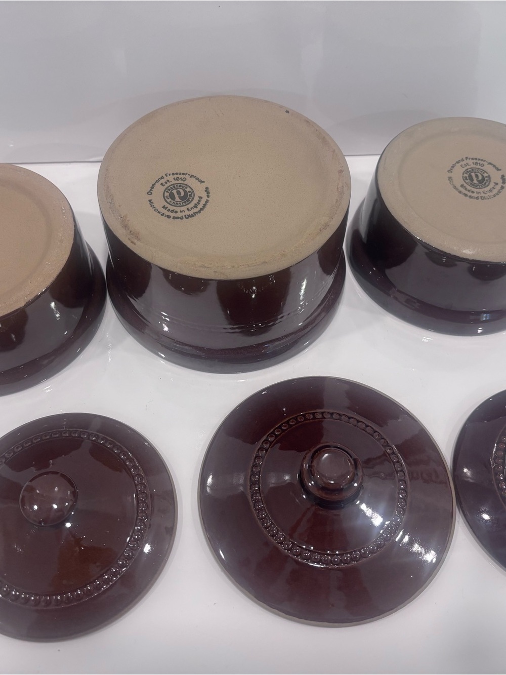 Set of 3 Pearsons of Chesterfield Brown Glazed Stoneware Lidded Casserole Dishes - Picture 4 of 11